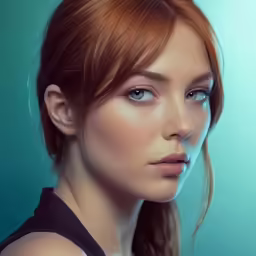 a beautiful redhead haired woman with a blue background