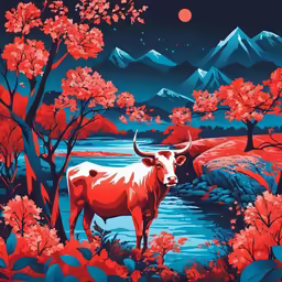 a painting of a bull is standing in the forest