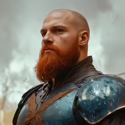 a bald man with a red beard and armor