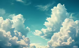 clouds in the blue sky with one bird flying above it