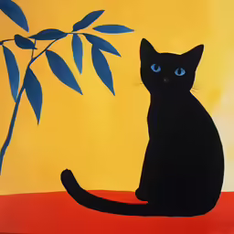 a black cat sitting on a red, yellow and blue painted area