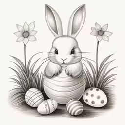 an illustration of a bunny in the grass with some eggs,a drawing of a bunny with eggs and flowers