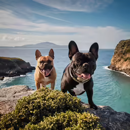 two dogs are standing on the rocks of a cliff next to the ocean