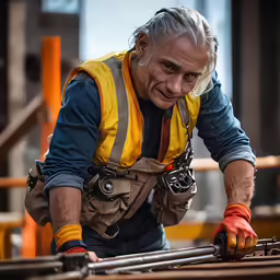 a man wearing a yellow vest and safety vest working on metal bars