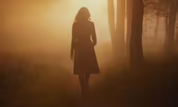 woman in silhouette walking down trail near trees