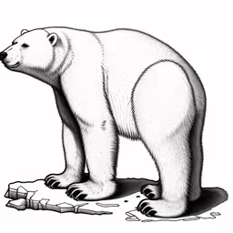 a drawing of a polar bear standing on snow,a large polar bear standing on top of a pile of ice,the polar bear is standing by itself in the snow,the polar bear is standing next to his cage,a bear is standing on an area with debris