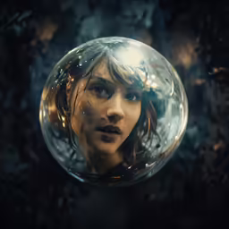 the face of a young woman with blue eyes and long curly hair standing inside a crystal ball