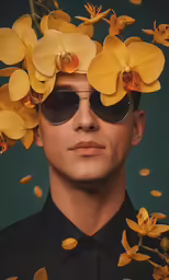 the man is wearing sunglasses and posing with flowers