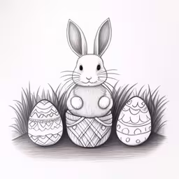 an image of a bunny painted easter eggs,the easter bunny and three eggs are sitting in the grass
