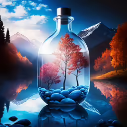 an advertisement featuring trees in a bottle over rocks