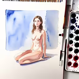 a drawing of a woman on a table with paints and watercolors
