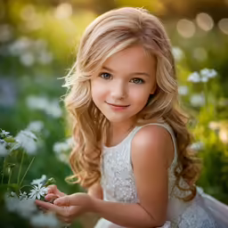 young blond girl with blue eyes in field of white flowers