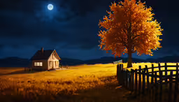 a house on a field during the night,a photo of a house at night and a tree