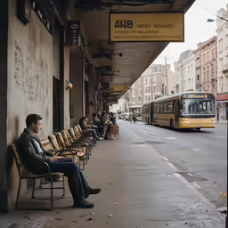 a man is sitting on a bench on the side of the street