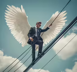 a man dressed in suit and sunglasses holding wings on the telephone wires