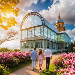 two people walking down a path next to flowers
