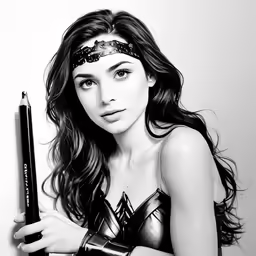 a woman is posing holding a pen in her hands