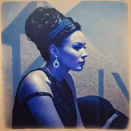 a woman in a dress and her hair styled up in a high bun with two earrings