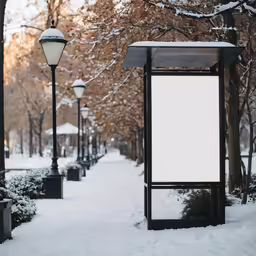 a snowy pathway in a park area is lit by an outdoor light