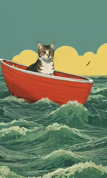 a cat sitting on the front end of a red boat in the ocean,a cat sits in the middle of a boat