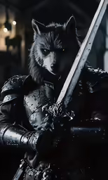 a wolf holding a sword is in a dark room