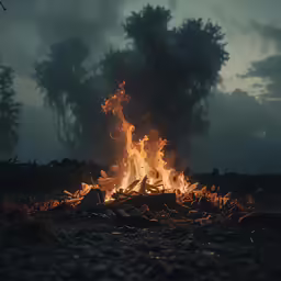 a burning wood in the night with bright flames