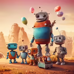 a group of five robot toys, one with balloons, are standing in front of an alien landscape