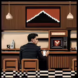 man sitting in front of television set drinking coffee