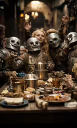 some weird looking people are standing around a table