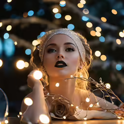 a woman wearing a turban with lights behind her
