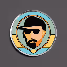 a man with a beard in a circular button,this is the image of a hipster man in sunglasses and a hat on an emblem