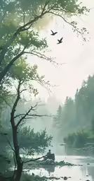 birds fly over the trees in the foggy forest