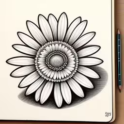 a drawing of a flower sitting on top of a table,a pen drawing of a sunflower on white paper