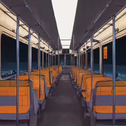a view of a bunch of orange seats and gray counters,seats in an empty bus on a cloudy day