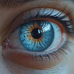 an eye with blue and yellow irise