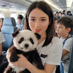 a girl holding a small panda cub sitting in an airplane
