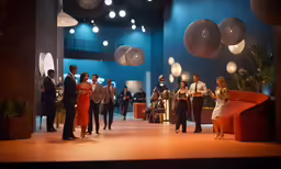 several people are standing on stage looking at pictures