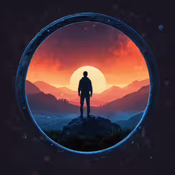 man standing on a hilltop with mountains behind him,the man is looking out to the sunset