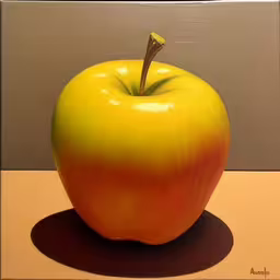 a painting of a red apple on a counter,a green and red apple sitting on top of a wooden table,an oil painting of a yellow and red apple,an apple is sitting on the table on top of a surface,an image of a red and green apple