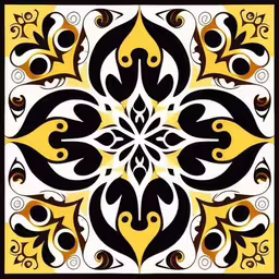 black and yellow abstract design with white background,a floral design with black, yellow and white,an ornate design, with black and yellow details,an abstract square shaped pattern in yellow and black,a square image with black and yellow designs