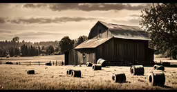an old barn with hay bales around it,old barns in a field with bales on the ground
