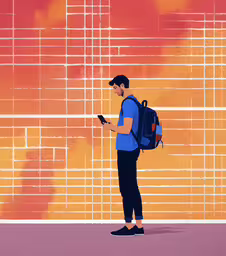 an animated man looks down at his phone,a man standing on top of a street with a backpack