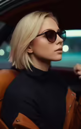 a woman wearing sunglasses and a leather jacket in the back seat of a car