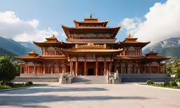 a large wooden building surrounded by greenery and mountains