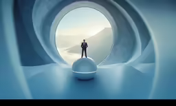 a man stands inside of a strange building