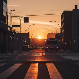 a city street with sun setting in the distance