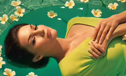 a woman in a green water filled with yellow flowers