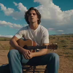 a young man sitting on the ground with a guitar