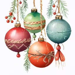 several christmas ornaments hanging from the branches