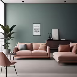 the room has green walls and pink couches